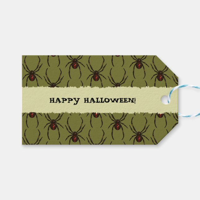 Étiquettes-cadeau Black Widow Spider Happy Halloween Pixel Pattern (Devant (Horizontal))