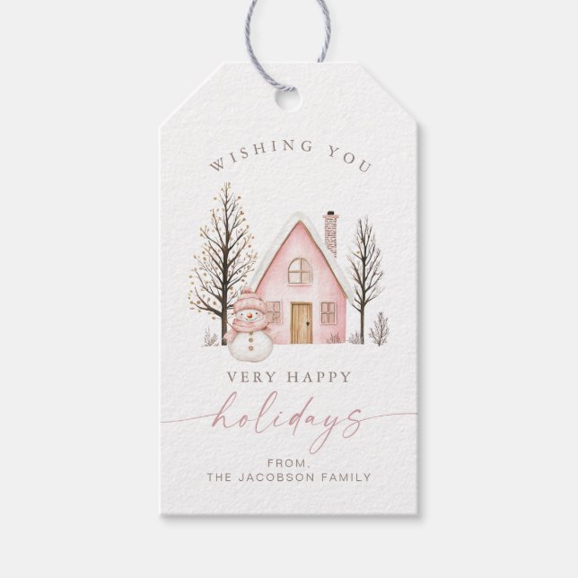 Étiquettes-cadeau BLAIR Cute Pink House Snowman Happy  Holidays (Devant)