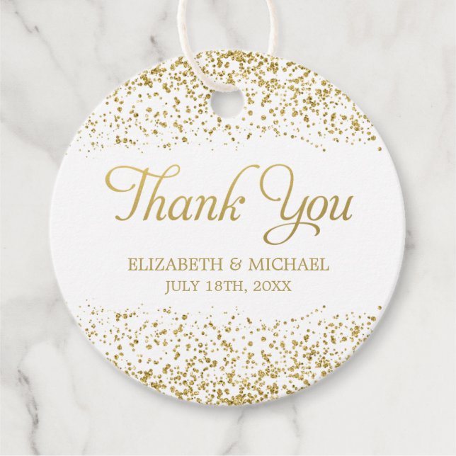 Étiquettes Cadeau Blanc Faux Gold Parties scintillant mariage Favori (Devant)
