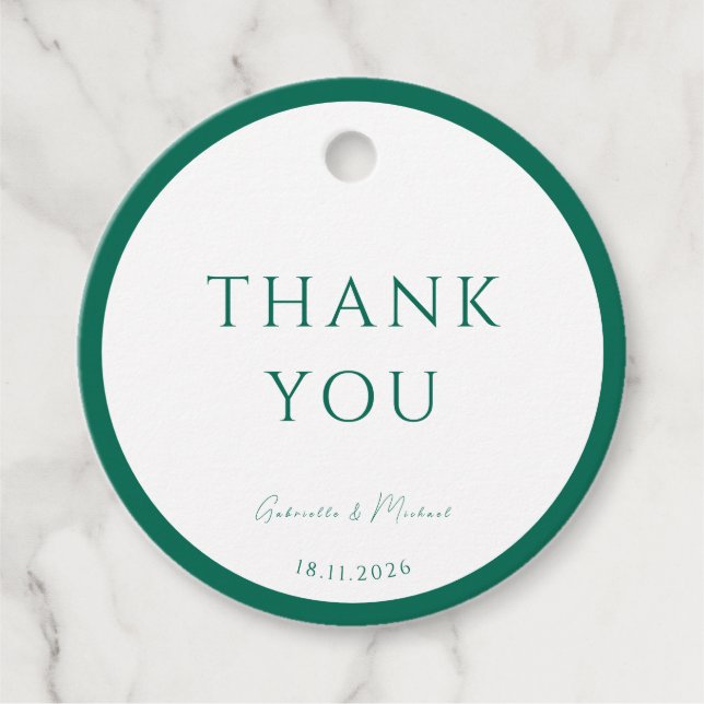 Étiquettes Cadeau Blanc rond et Merci vert émeraude (Devant)
