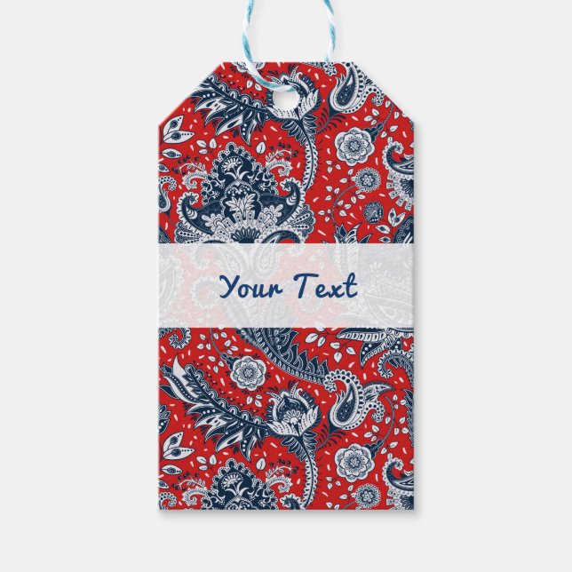 Étiquettes-cadeau Blanc rouge et bleu Floral Paisley Bohemian Boho (Devant)