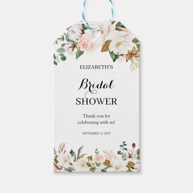 Étiquettes-cadeau Blancs Magnolia Fête des mariées florale Favoriser (Devant)