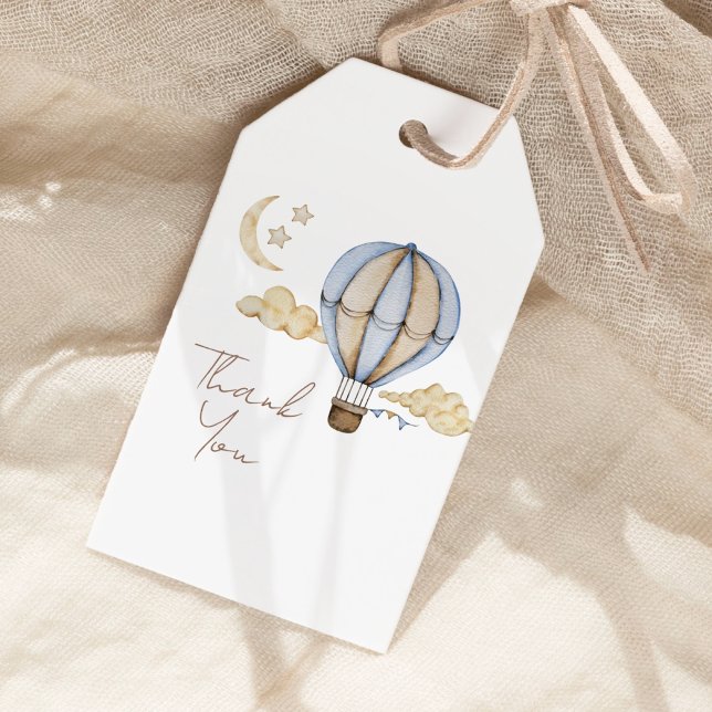 Étiquettes-cadeau Bleu à air chaud Baby shower blanc Merci (Créateur téléchargé)