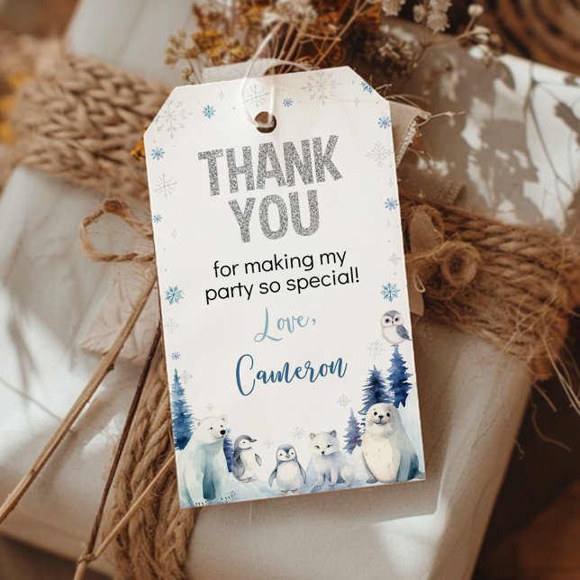Étiquettes-cadeau Bleu Arctique Animaux hivernaux Merci d'anniversai (Créateur téléchargé)