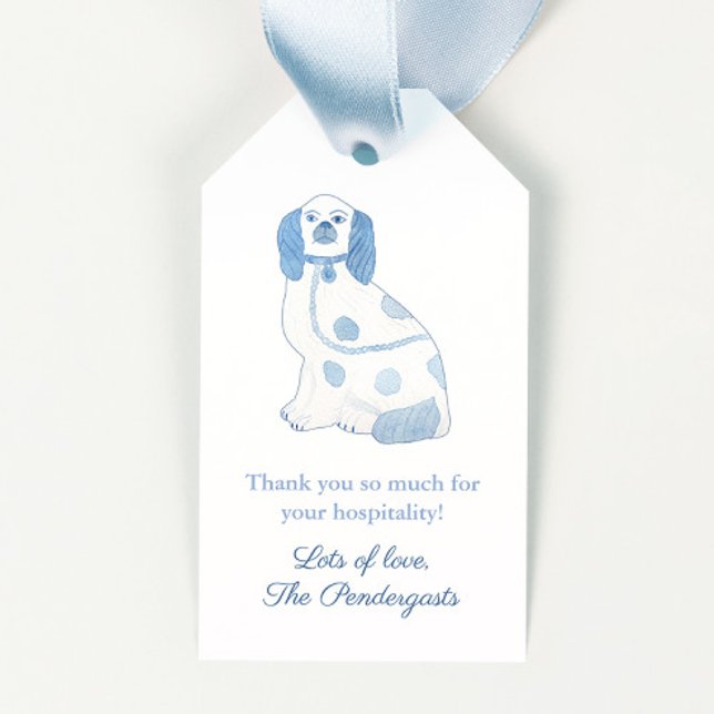 Étiquettes-cadeau Bleu & Blanc Coeur Espagnol Poterie Chien Auberge (Preppy watercolor blue and white chinoiserie dog hostess gift tag or baby shower favor tag)