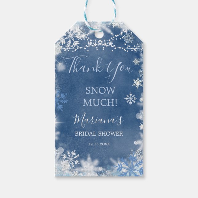 Étiquettes-cadeau Bleu blanc neige en amour Flocon de neige Merci nu (Devant)