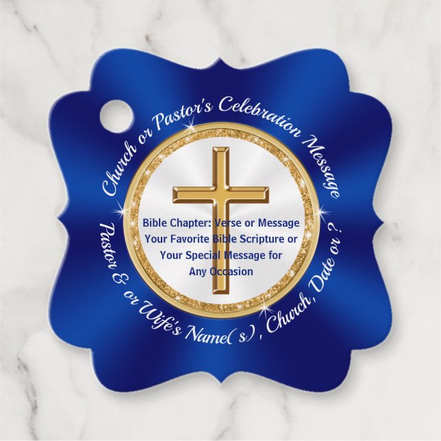 Étiquettes Cadeau Bleu, Blanc, Or, L'église personnalisée Favorisent (Devant)