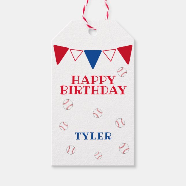 Étiquettes-cadeau Bleu Bleu Rouge Baseball Joyeux anniversaire (Devant)