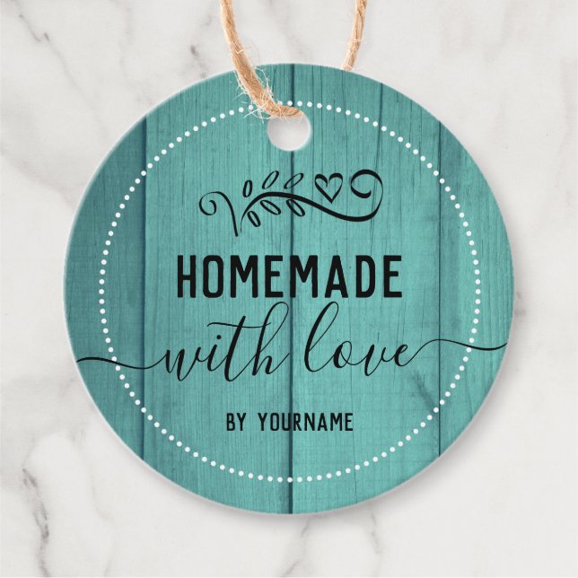 Étiquettes Cadeau Bleu Bois fantaisie Script fait maison avec amour  (Devant)