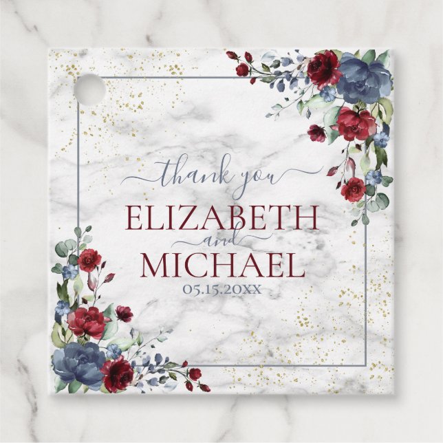 Étiquettes Cadeau Bleu clair Bourgogne Mariage floral (Devant)