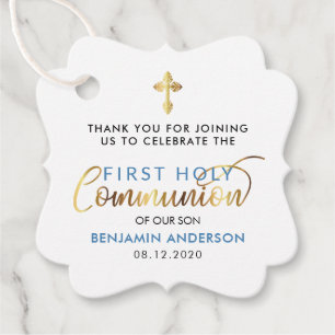 Étiquettes Cadeau Bleu D'Acier Et D'Or Première Sainte Communion Mer