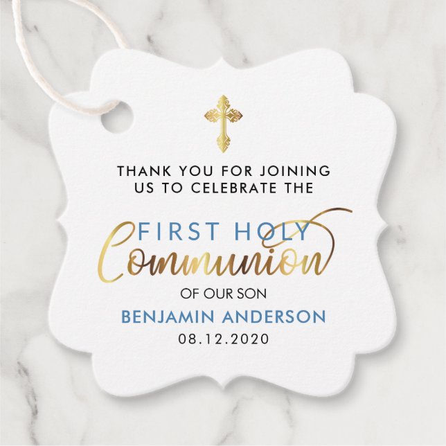 Étiquettes Cadeau Bleu D'Acier Et D'Or Première Sainte Communion Mer (Devant)