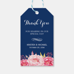 Étiquettes-cadeau Bleu de la marine rayures Romantique Merci floral