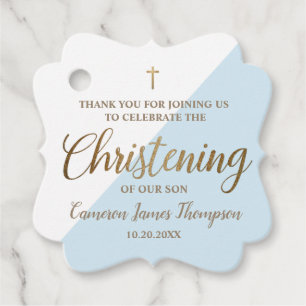 Étiquettes Cadeau Bleu doré moderne Christening garçon Personnalisé