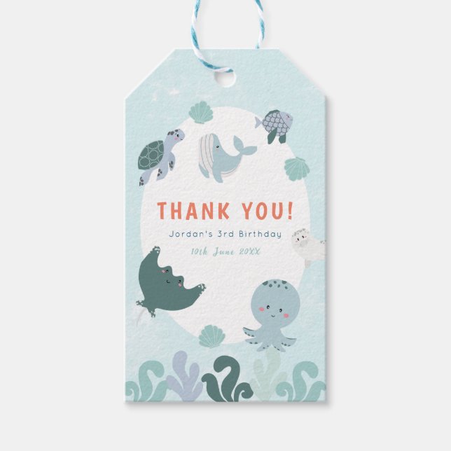 Étiquettes-cadeau Bleu Doux Sous Le Merci D'Aquarelle De Mer (Devant)