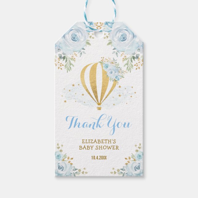 Étiquettes-cadeau Bleu Dusty Baby shower floral à air chaud (Devant)
