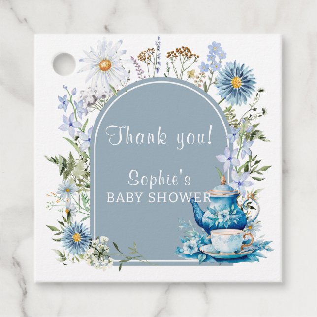 Étiquettes Cadeau Bleu Dusty Pour Le Baby shower De Jardin Tea Boho (Devant)