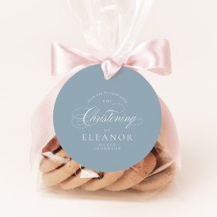 Étiquettes Cadeau Bleu Élégante calligraphie Christening Merci