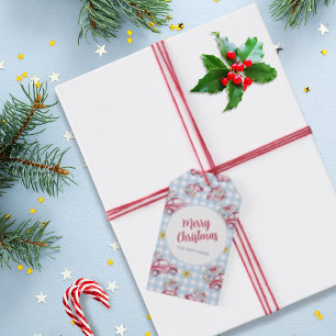 Étiquettes-cadeau Bleu En vichy Vintage Red Christmas Cars