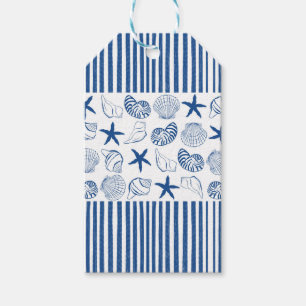 Étiquettes-cadeau Bleu et blanc Bandes et coquilles marines
