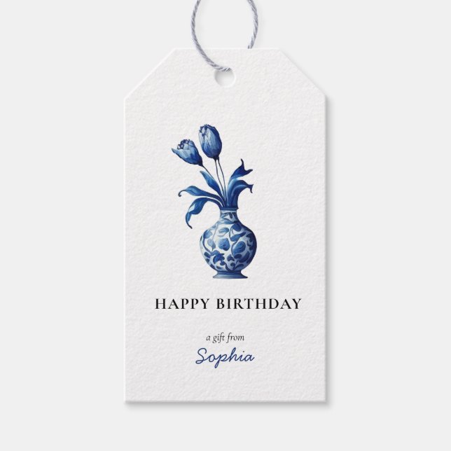 Étiquettes-cadeau Bleu et blanc Delft Tulips Joyeux Anniversaire éti (Devant)