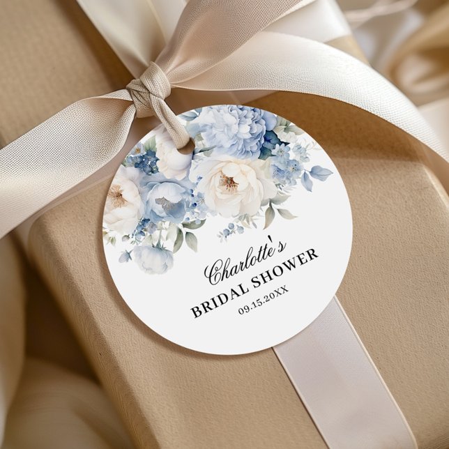 Étiquettes Cadeau Bleu et blanc Fête des mariées Fleurs Favoriser le (Créateur téléchargé)
