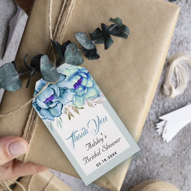 Étiquettes-cadeau Bleu, fleurs vert menthe Merci pour la baby shower (Créateur téléchargé)