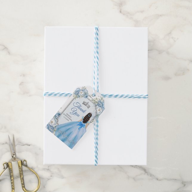 Étiquettes-cadeau Bleu Floral Argent Couronne Quinceañera Merci (Avec de laficelle)