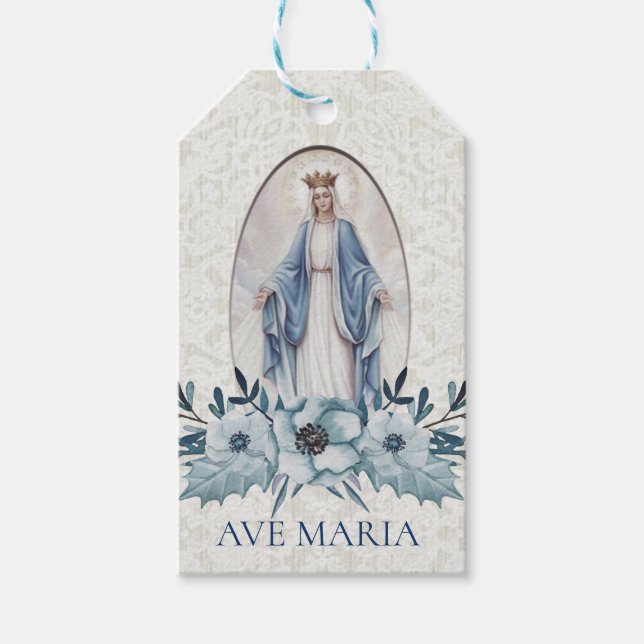 Étiquettes-cadeau Bleu Floral Béni Mère Catholique Religieux (Devant)