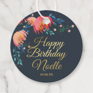 Étiquettes Cadeau Bleu foncé, Élégant, Fleurs Whimsical, Accent Or