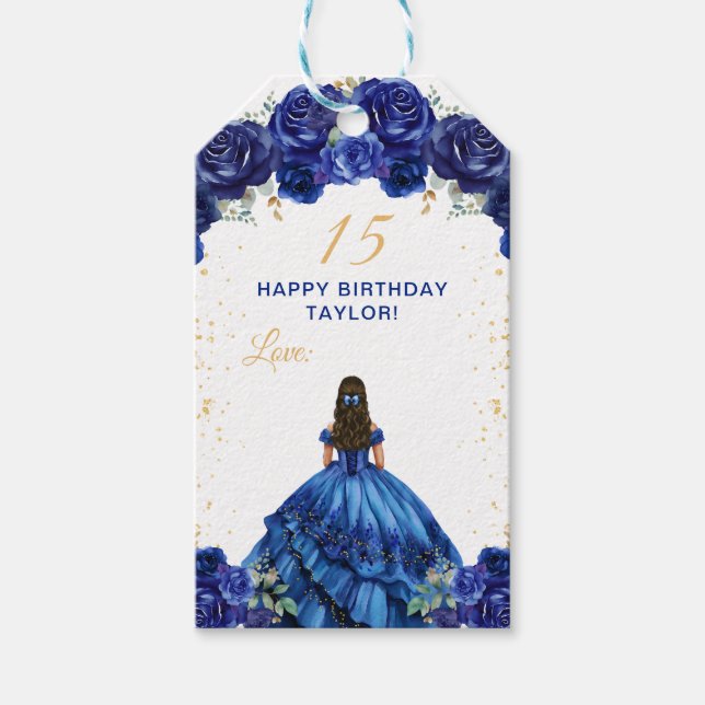 Étiquettes-cadeau Bleu foncé Princesse Quinceañera Joyeux anniversai (Devant)