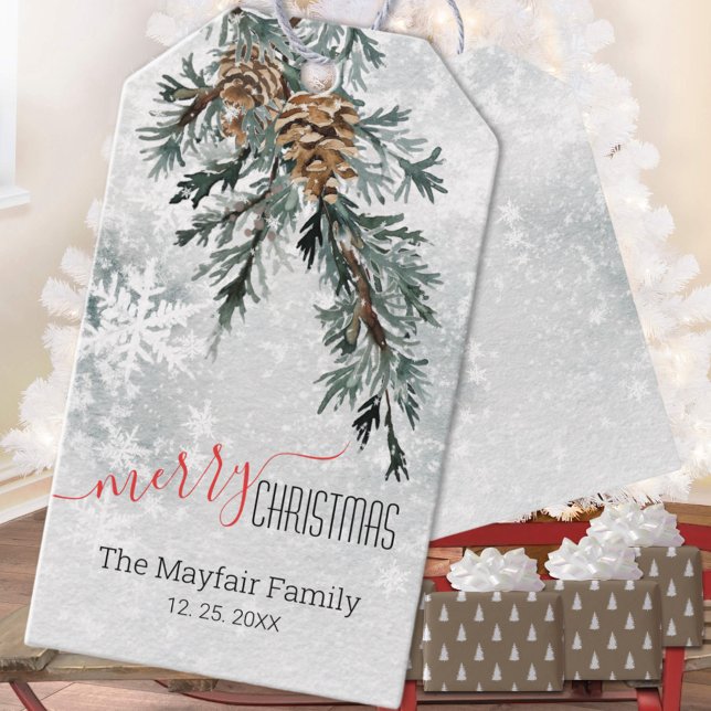 Étiquettes-cadeau Bleu Juniper Bough Pine Cônes Snowland (Blue Juniper Bough Pine Cones Snowy Woodland Christmas Holiday Gift Wrapping Name Tag
)