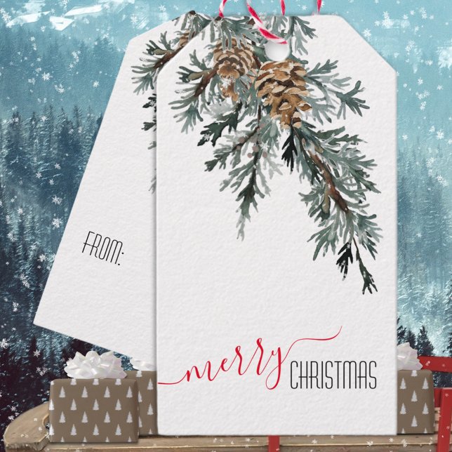 Étiquettes-cadeau Bleu Juniper Branch Cones Joyeux Noël (Blue Juniper Branch Cones Merry Christmas Holiday Gift Wrapping Name Tag
)