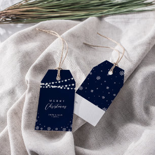 Étiquettes-cadeau Bleu marine & Blanc Lumières & Flocons Joyeux No
