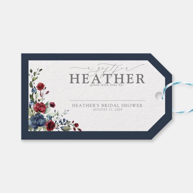 Étiquettes-cadeau Bleu marine bourgogne floral douche de mariée sans (Devant (Horizontal))