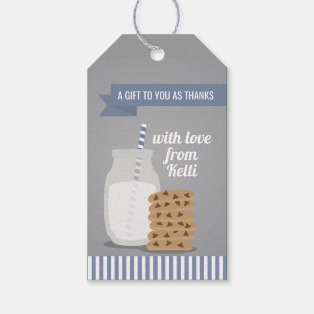 Étiquettes-cadeau Bleu moderne Lait et cookies Balises favorites (Devant)