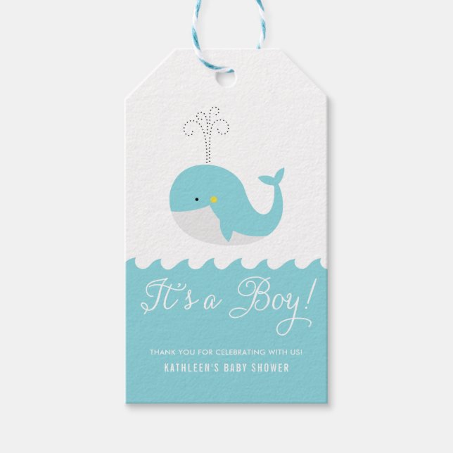 Étiquettes-cadeau Bleu mou Bébé baleine C'est un Baby shower garçon  (Devant)
