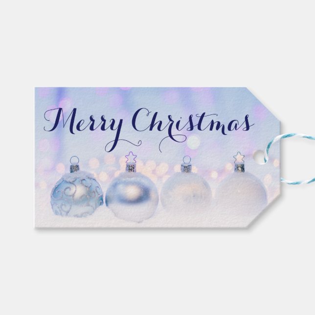 Étiquettes-cadeau Bleu Ornements Joyeux Noël (Devant (Horizontal))