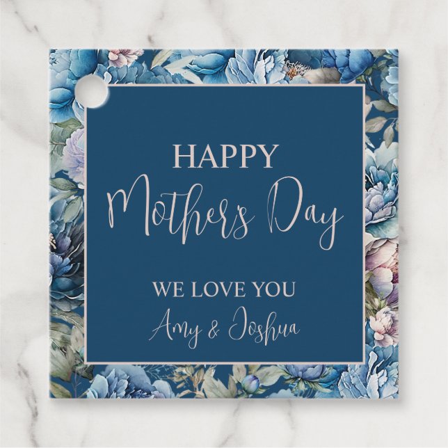 Étiquettes Cadeau Bleu peony motif floral Joyeuse fête des mères (Devant)