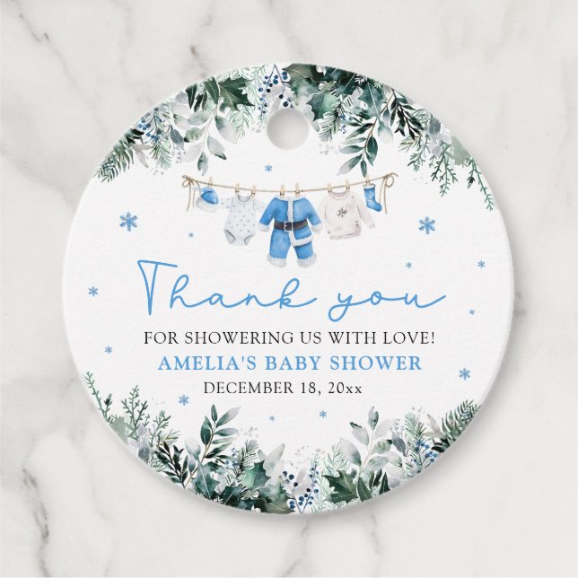 Étiquettes Cadeau Bleu Père Noël Vêtements bébé Baby shower de Noël (Devant)