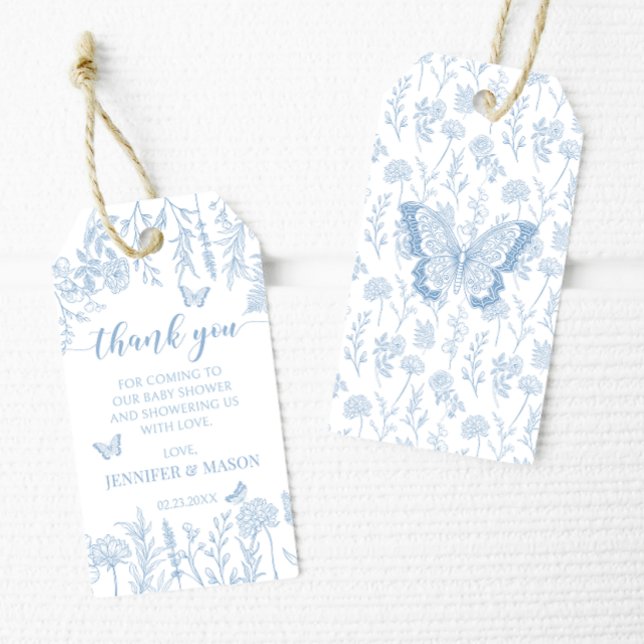 Étiquettes-cadeau Bleu petit papillon bébé garçon douche merci (Créateur téléchargé)