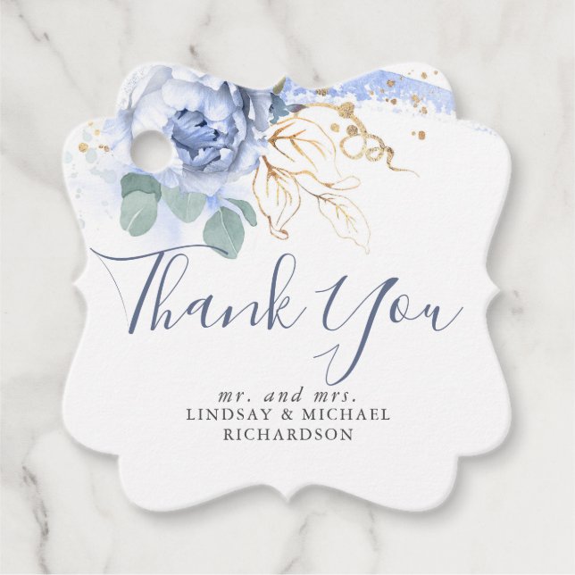 Étiquettes Cadeau Bleu Poussiéreux Floral Vert Doré Merci (Devant)