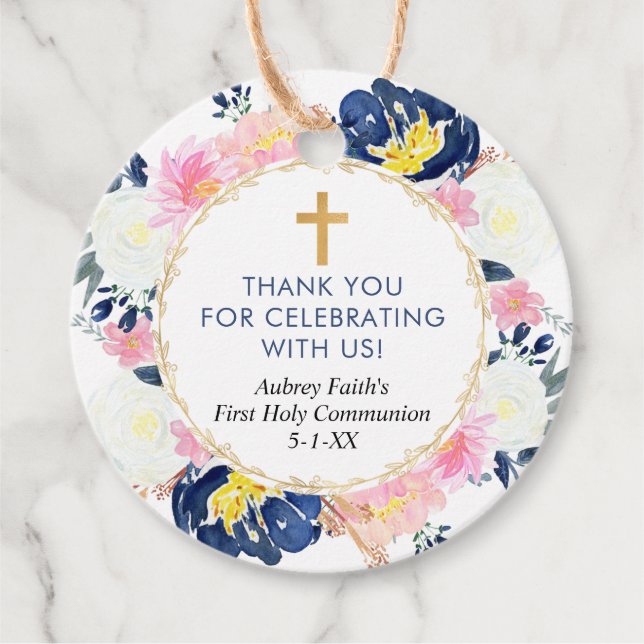 Étiquettes Cadeau Bleu rose jaune floral première communion baptême (Devant)