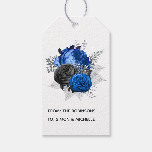 Étiquettes-cadeau Bleu Royal, Noir et Floral Argenté (Devant)