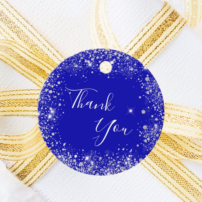 Étiquettes Cadeau Bleu royal paillettes d'argent monogramme merci (Créateur téléchargé)