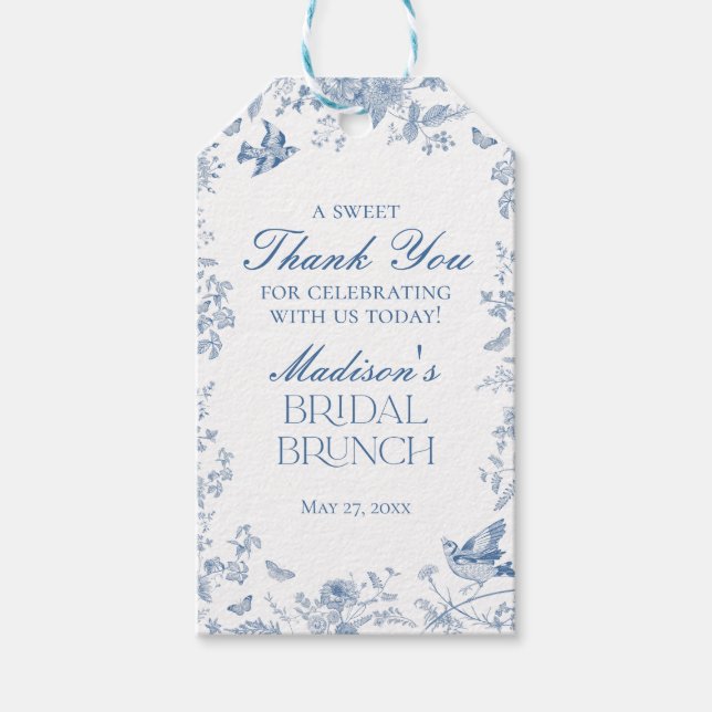 Étiquettes-cadeau Bleu Toile De Jouy Bridal Brunch Faveurs (Devant)