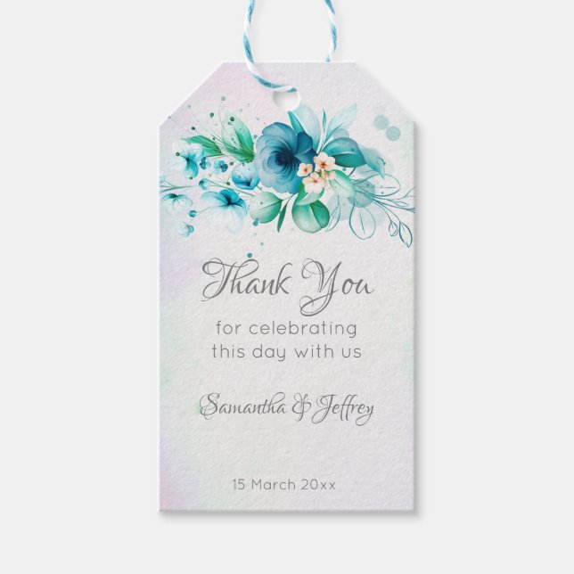 Étiquettes-cadeau Bleu turquoise fleurs vertes fleurs florales cadea (Devant)