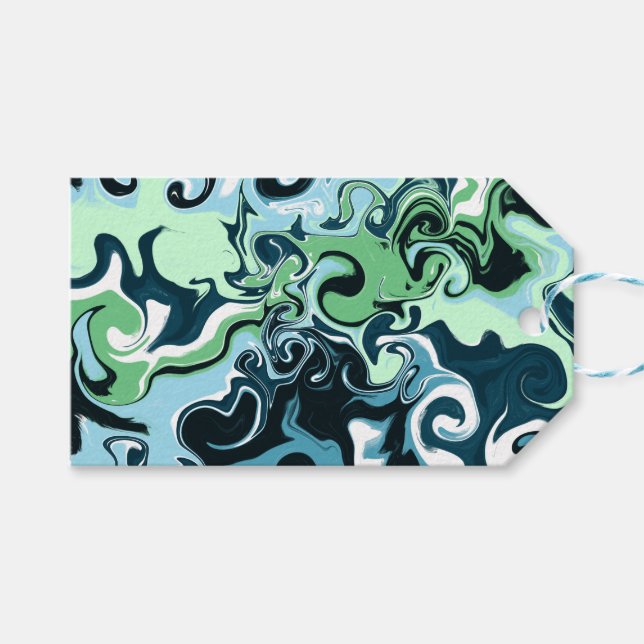 Étiquettes-cadeau Bleu, Vert et Blanc tourbillons Abstrait Fluid Art (Devant (Horizontal))