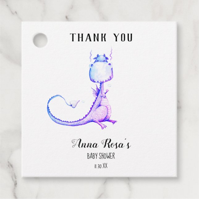 Étiquettes Cadeau * Bleu violet Dragon mignet Baby shower Merci (Devant)