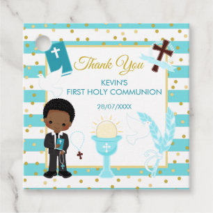 Étiquettes Cadeau Blue African American Boy First Holy Communion
